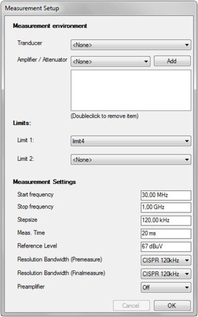 Okno ustalania parametrów pomiaru
