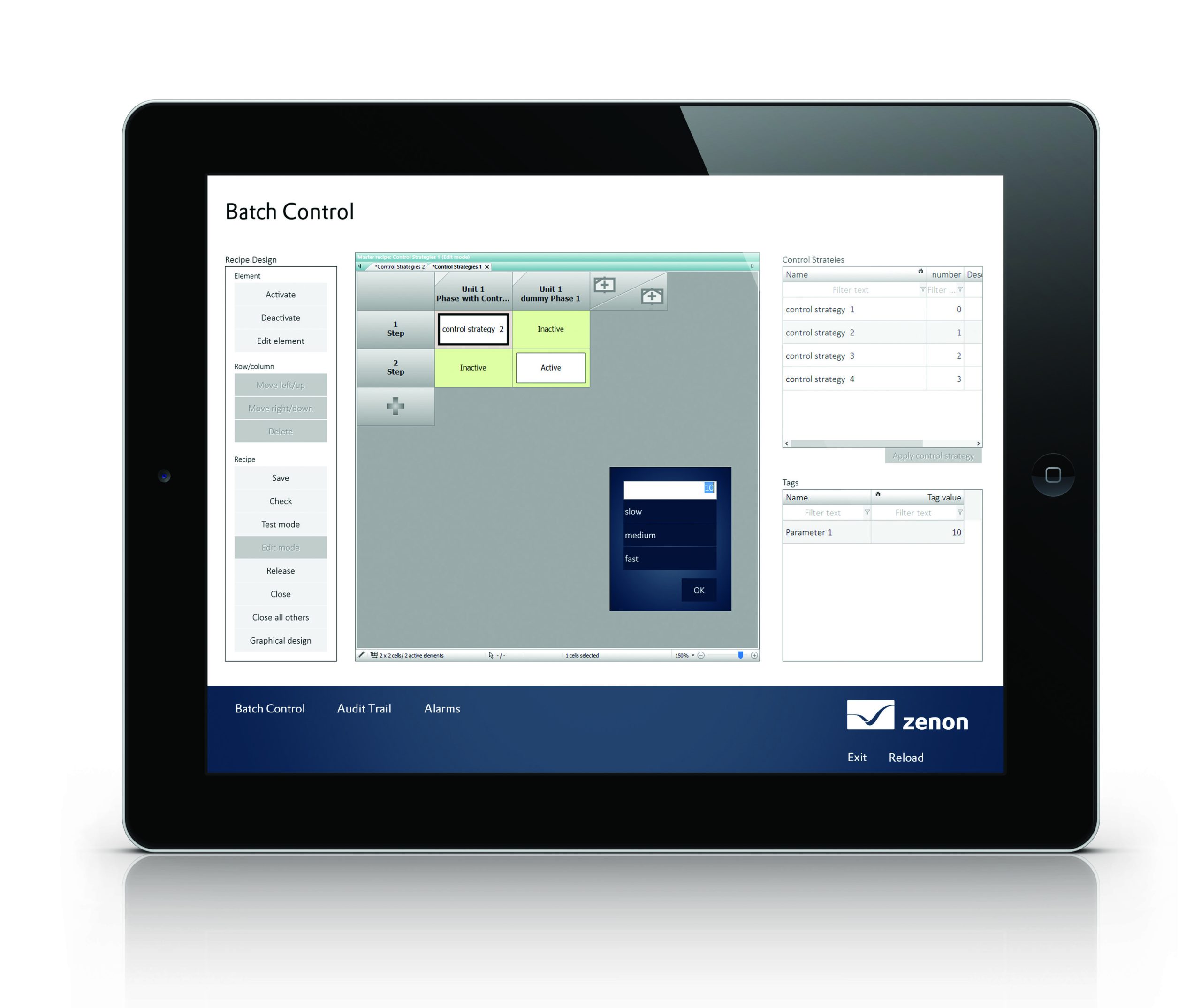 Moduł Batch Control w oprogramowaniu zenon 8.00 pozwala uzyskać stały, zautomatyzowany przepływ pracy w ramach przesyłania podstawowych receptur. Moduł umożliwia import tworzonych zewnętrznie receptur, które można następnie wysyłać bezpośrednio do produkcji.