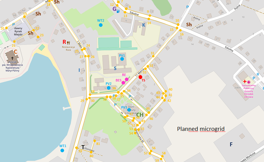 Mapa planowanych lokalizacji obiektów oraz linii elektroenergetycznych w ramach nowo projektowanej struktury mikrosieci w Puńsku - przed testami