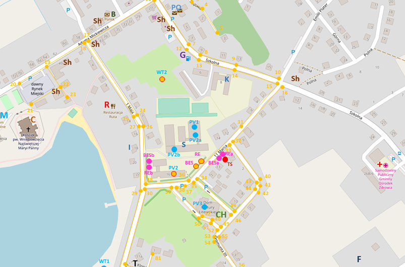 Mapa możliwej lokalizacji obiektów oraz linii elektroenergetycznych w ramach nowo projektowanej struktury mikrosieci w Puńsku - po zweryfikowaniu w programie RIGRID