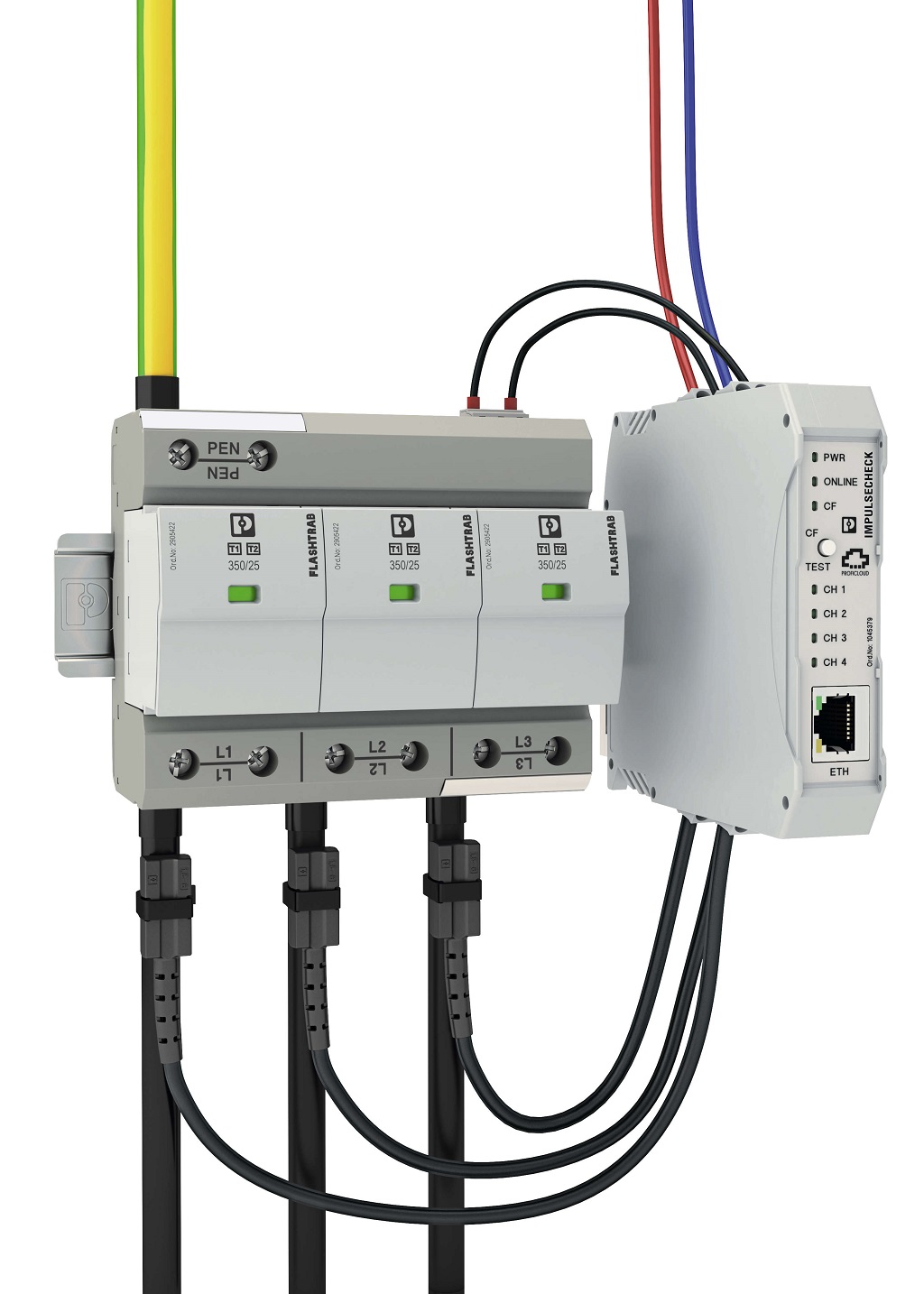 Centralny moduł ImpulseCheck wpięty w instalację w trakcie pozyskiwania sygnałów pomiarowych z czujników i monitorowania styku sygnalizacji zdalnej ogranicznika. Centralny moduł ImpulseCheck wpięty w instalację w trakcie pozyskiwania sygnałów pomiarowych z czujników i monitorowania styku sygnalizacji zdalnej ogranicznika.