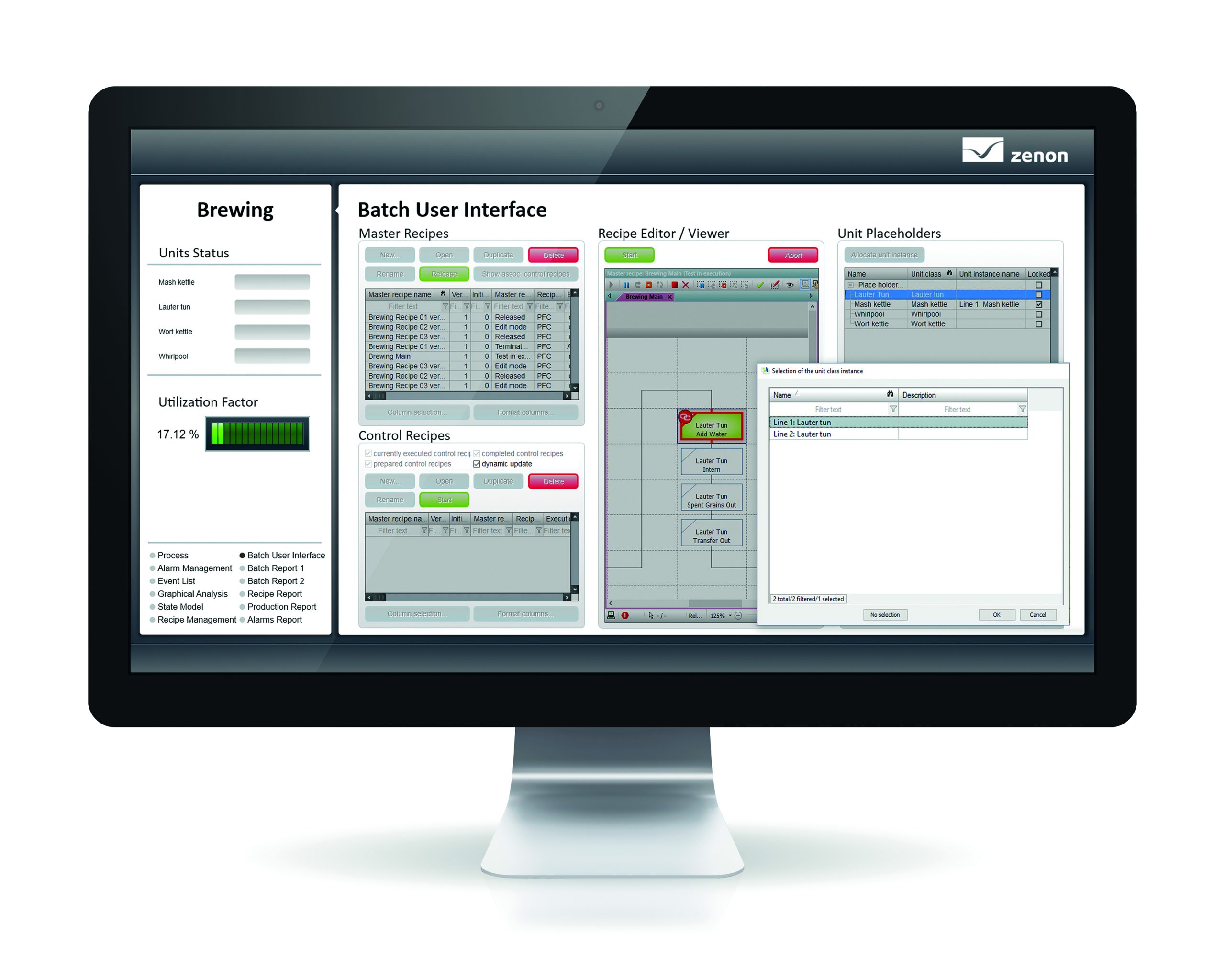 Klasy jednostek w module zenon Batch Control mogą być wykorzystywane do tworzenia ogólnych receptur. Użytkownicy pracują swobodnie podczas tworzenia receptur, a następnie operatorzy decydują, jakie jednostki sprzętowe mają być wykorzystywane w momencie rozpoczęcia produkcji każdej partii.