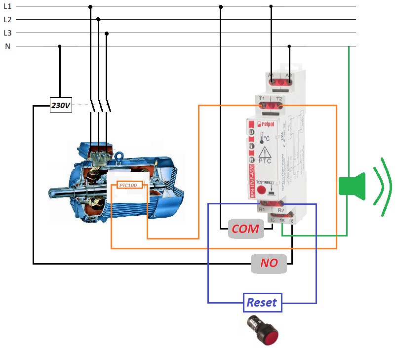 Rys. 4. Przykład zastosowania przekaźnika RPN-1TMP-A230 do kontroli temperatury silnika.