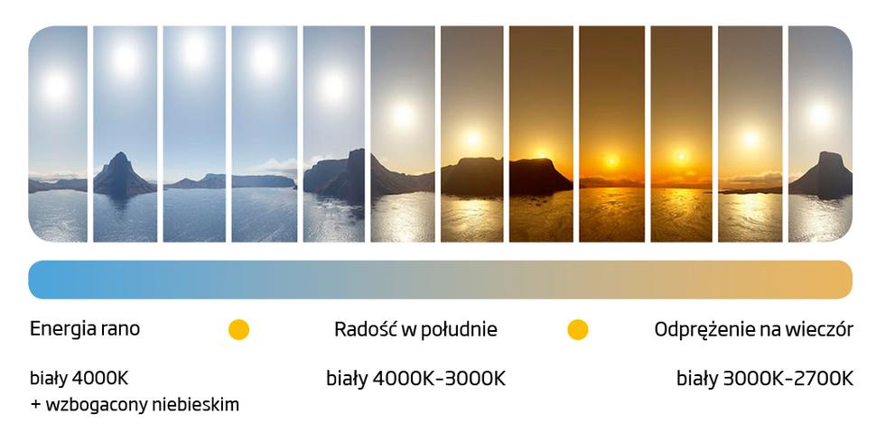 Światło słoneczne zmienia się w ciągu dnia – rano pobudza, wieczorem przygotowuje do snu. Światło słoneczne zmienia się w ciągu dnia – rano pobudza, wieczorem przygotowuje do snu.