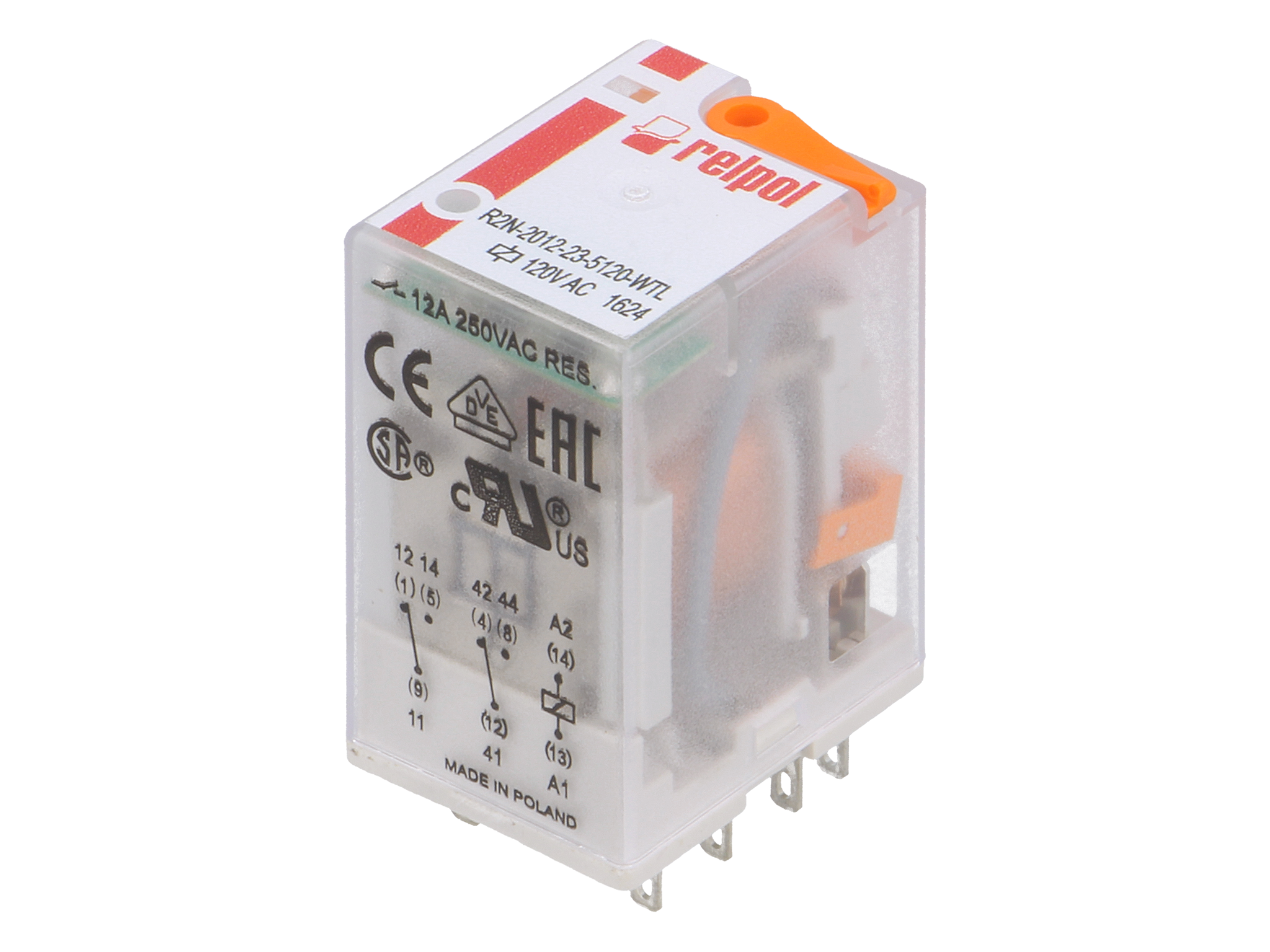 Na szczycie korpusu widać przełącznik testowy umożliwiający blokowanie styków.