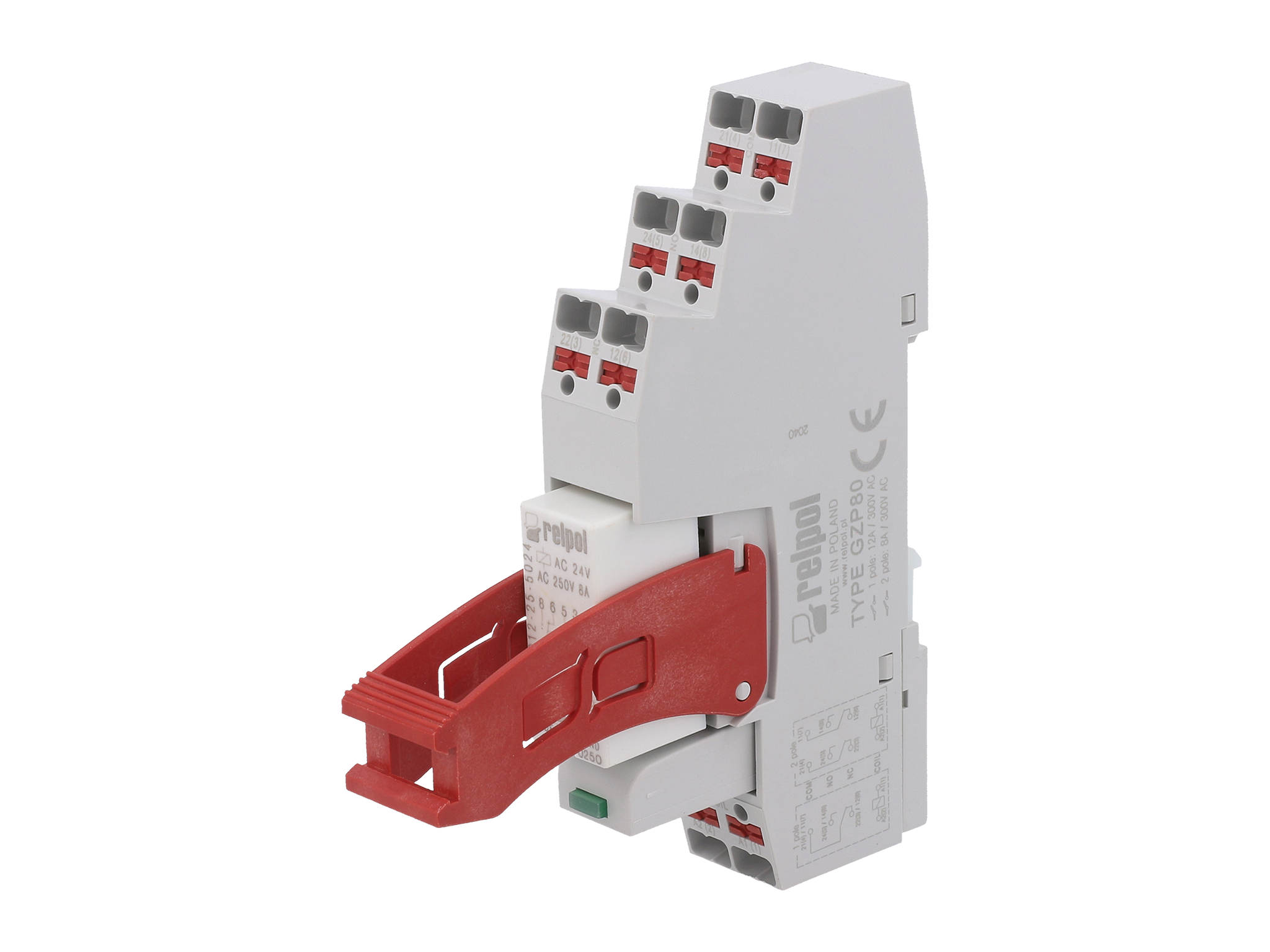 Przekaźnik miniaturowy jest dociskany w gnieździe za pomocą dźwigni.