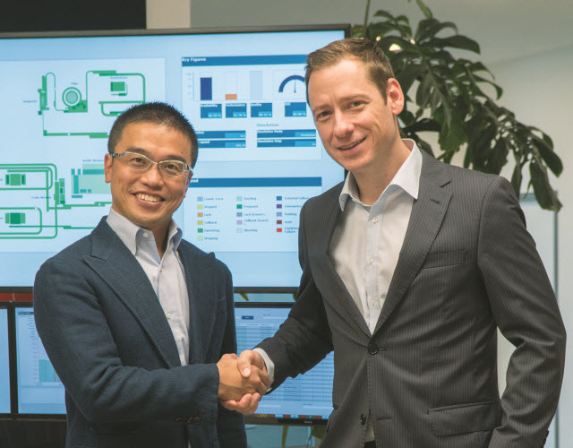 Kei Murakami, dyrektor generalny firmy LINX (z lewej) i Stefan Reuther, dyrektor ds. sprzedaży firmy COPA-DATA, oficjalnie inaugurują współpracę poprzez uścisk dłoni w siedzibie COPA-DATA w Salzburgu.