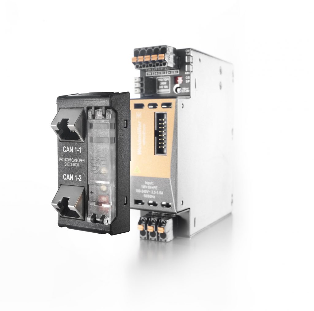 Wbudowany opcjonalnie moduł komunikacji (Can Open) daje możliwość zdalnej obsługi zasilacza i dostosowuje go do standardów przemysłu 4.0