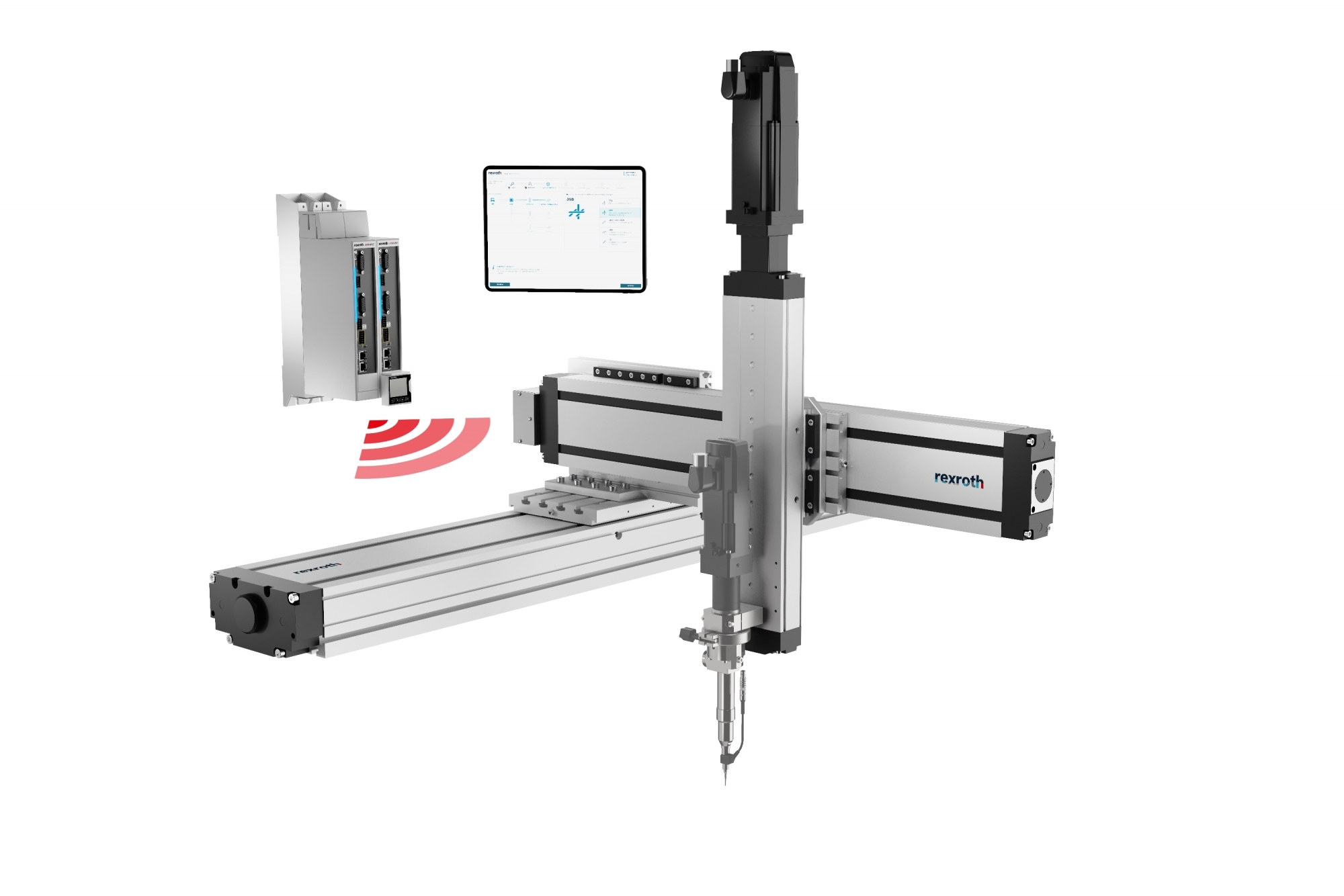 Nowy pakiet rozwiązań opartych na platformie Smart MechatroniX: uniwersalny pakiet Smart Function Kit for Dispensing, tu ze zintegrowaną głowicą dozującą firmy ViscoTec. (Źródło ilustracji: Bosch Rexroth AG)