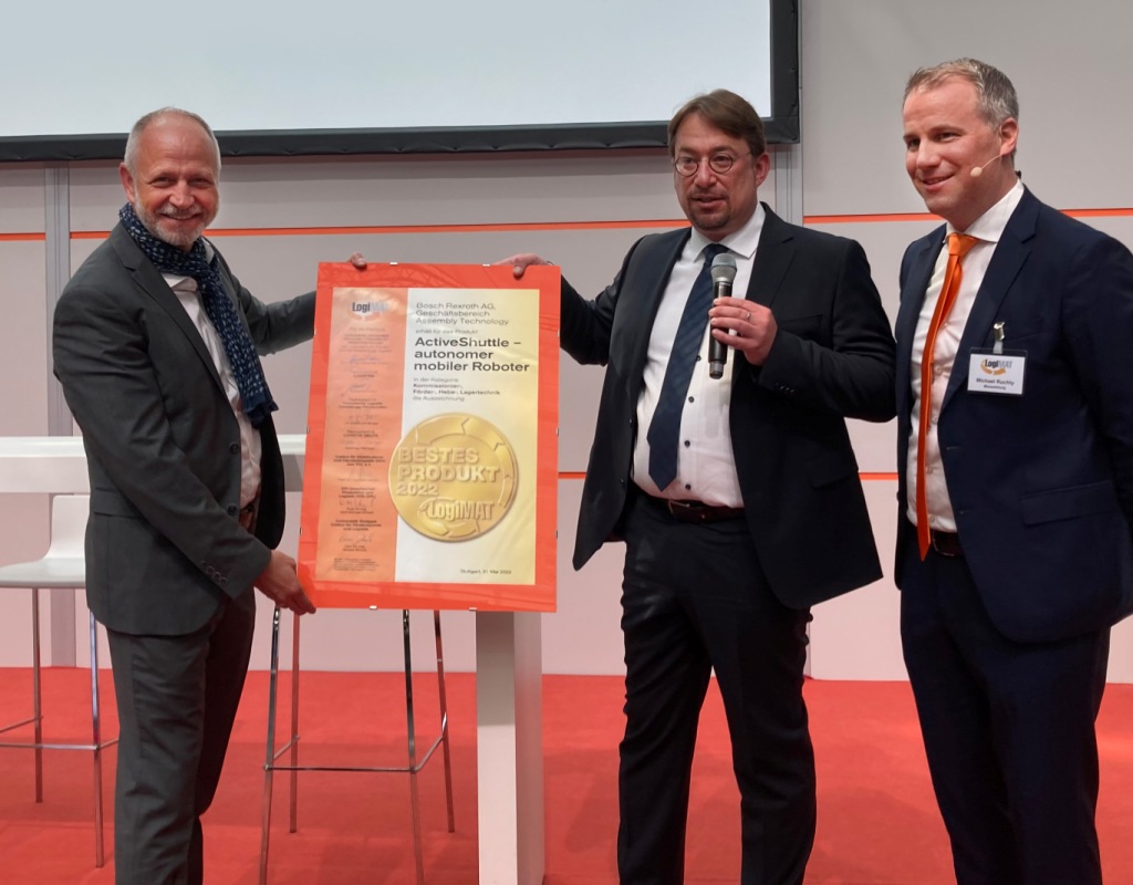 Firma Bosch Rexroth otrzymała nagrodę „Najlepszy produkt” w kategorii kompletacji zamówień, przenoszenia, podnoszenia i technologii przechowywania dla swojego autonomicznego robota mobilnego ActiveShuttle. (Źródło ilustracji: Bosch Rexroth AG)
