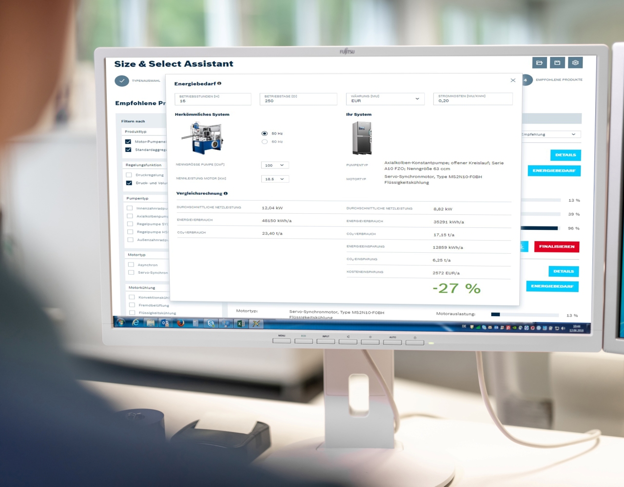 Wirtualne projektowanie i konfiguracja rozwiązań Sytronix z automatycznym wyliczeniem indywidualnych oszczędności energii w porównaniu z napędami o stałej prędkości. (Źródło ilustracji: Bosch Rexroth AG)