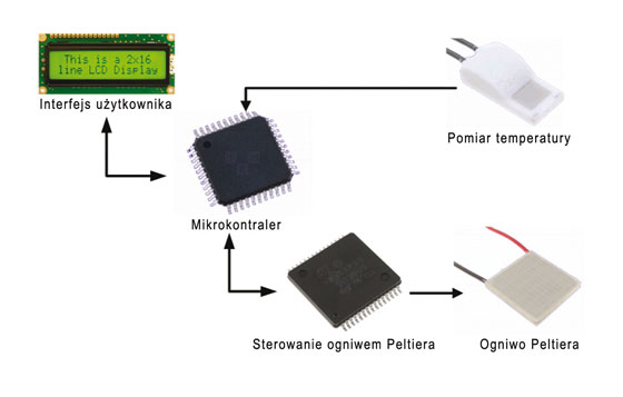 Główne elementy regulatora temperatury z ogniwem Peltiera