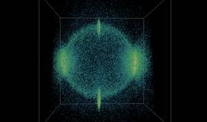 Trójwymiarowa rekonstrukcja atomów rozproszonych w wyniku kolizji dwóch   kondensatów Bosego-Einsteina.
