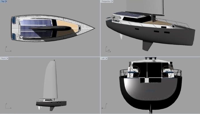 Wizualizacja łodzi z napędem słoneczno-wiatrowo-elektrycznym