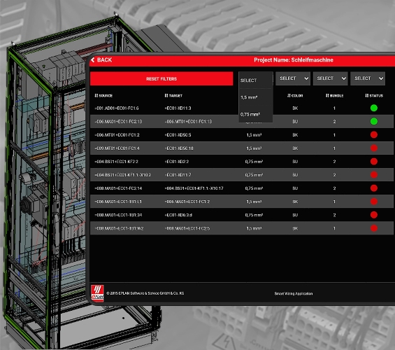 Aplikacja Smart Wiring Application krok po kroku dostarcza instrukcje dla panelu bazując na danych inżynieryjnych.