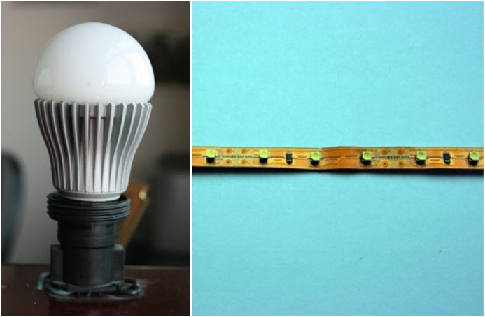 Paski, taśmy i linie LED (z lewej) oraz zastępujące tradycyjne żarówki ledówki, to obecnie podstawowy asortyment źródeł światła w nowoczesnym oświetleniu mieszkań