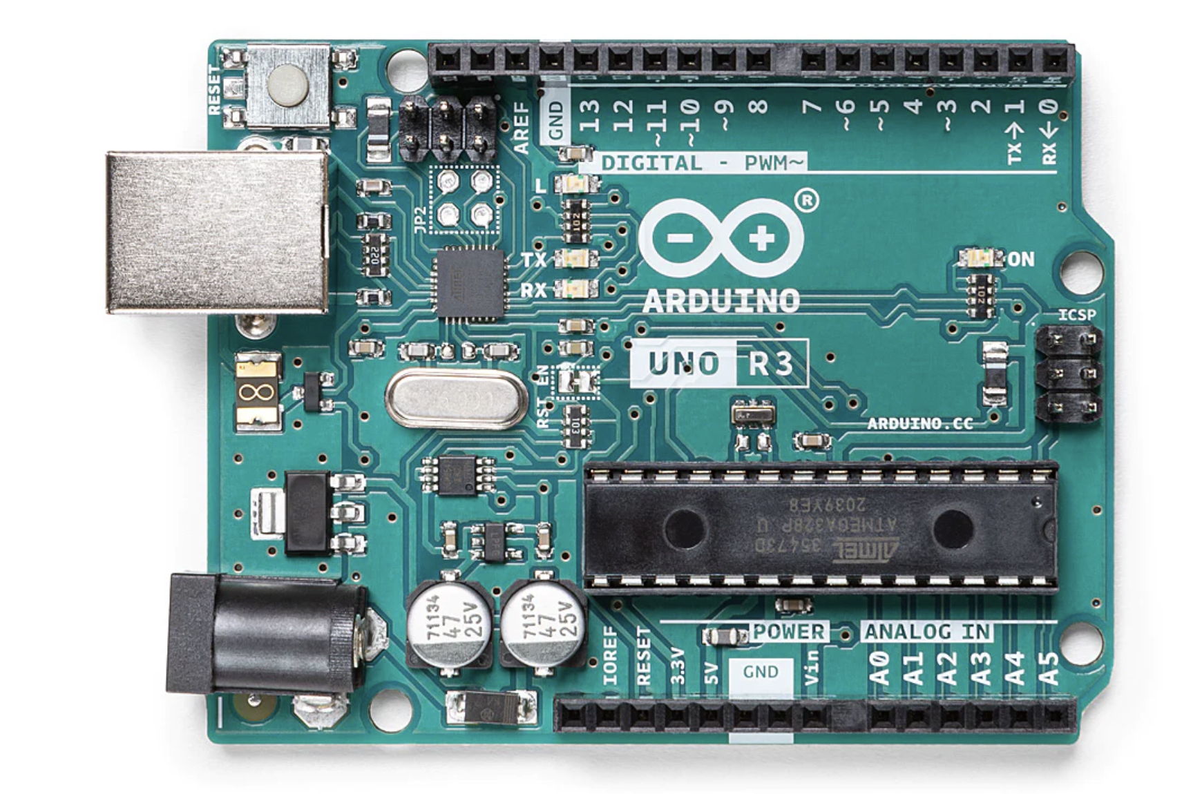 Ilustracja 1. Płytka mikrokontrolera Arduino UNO R3. Widoczne listwy stykowe, które mają uniwersalny układ do shieldów UNO (źródło: Arduino)
