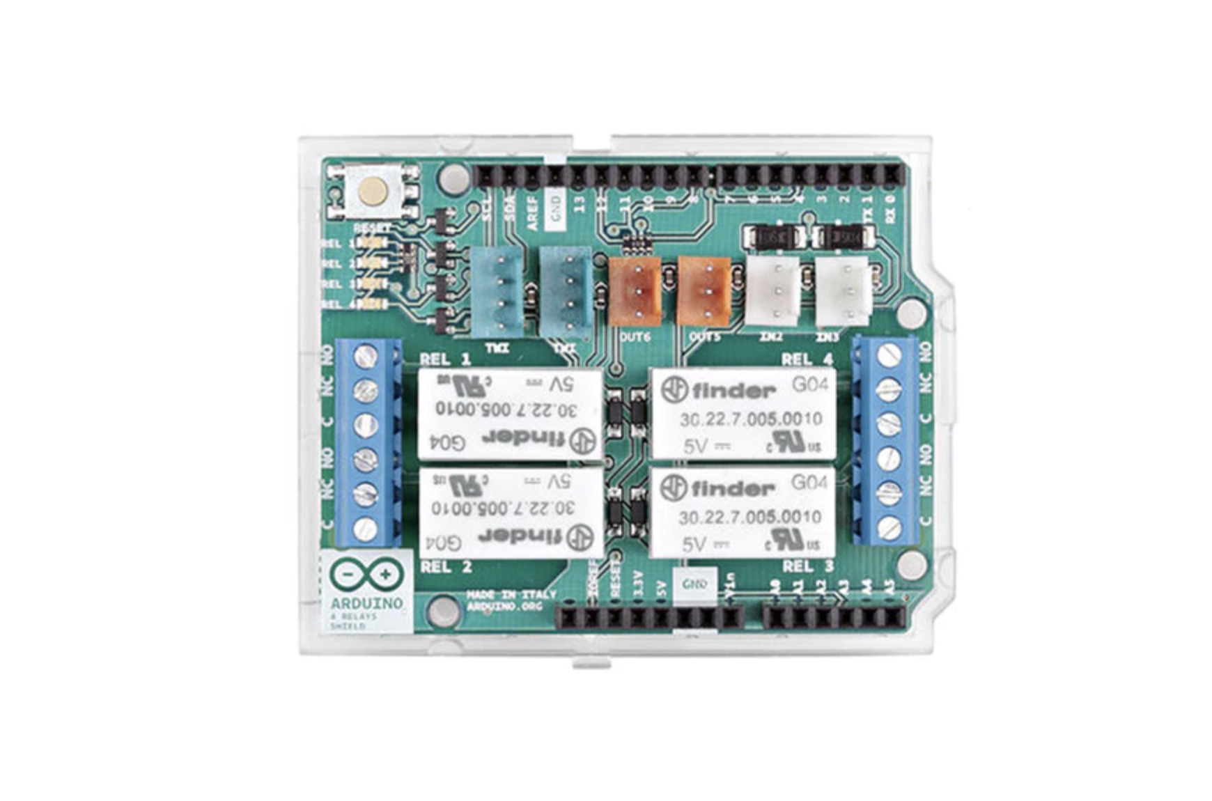 Arduino 4 Relays Shield umożliwia sterowanie obciążeniami o większej mocy niż pozwalają na to wyjścia cyfrowe (źródło: Arduino)