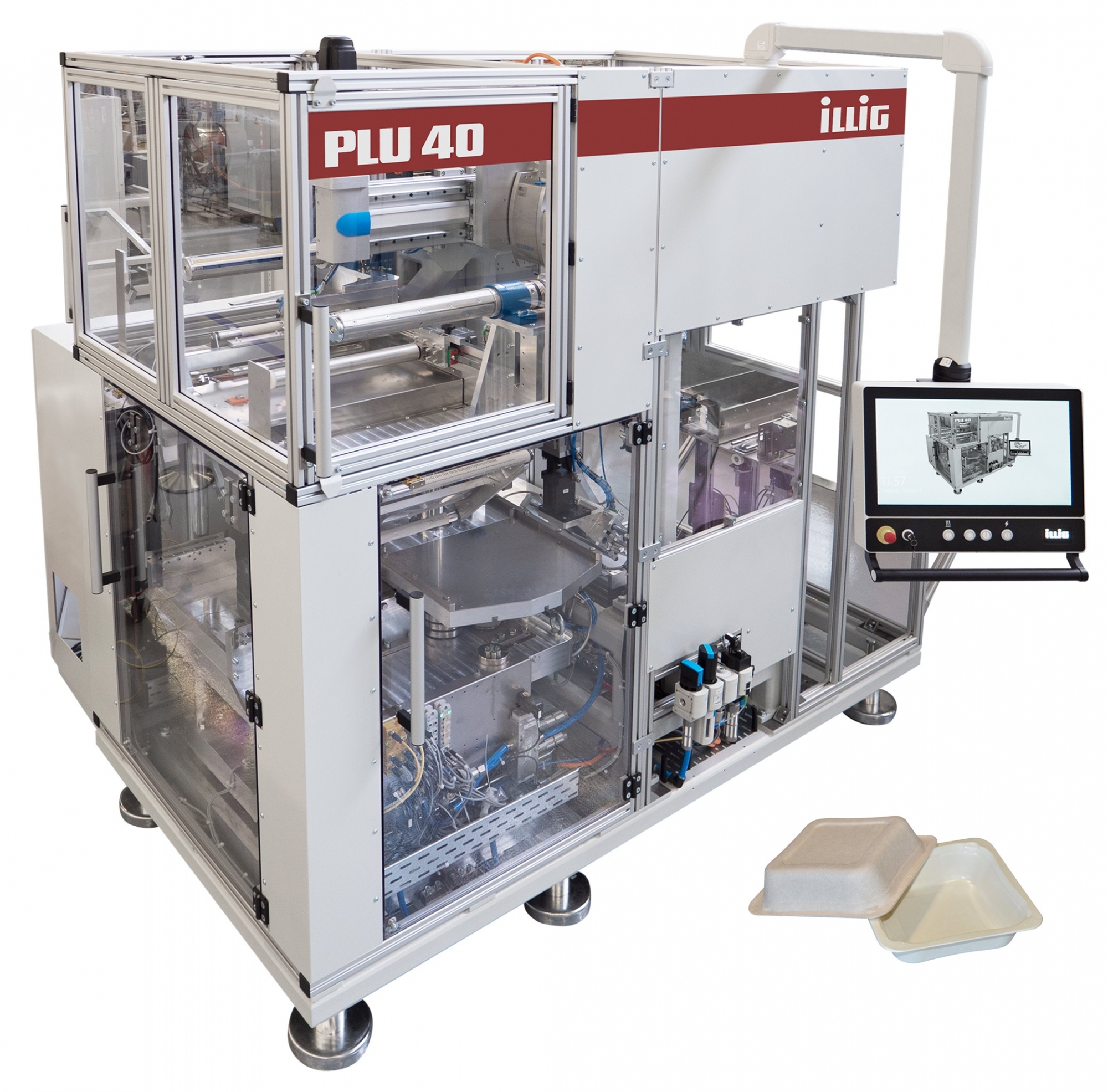 Maszyna typu PLU do laminowania tacek z masy celulozowej - modułowa seria maszyn Illig XLU do pakowania żywności z zastosowaniem zestawu automatyzacji ctrlX AUTOMATION firmy Bosch Rexroth.  (Źródło obrazu ILLIG Maschinenbau GmbH)